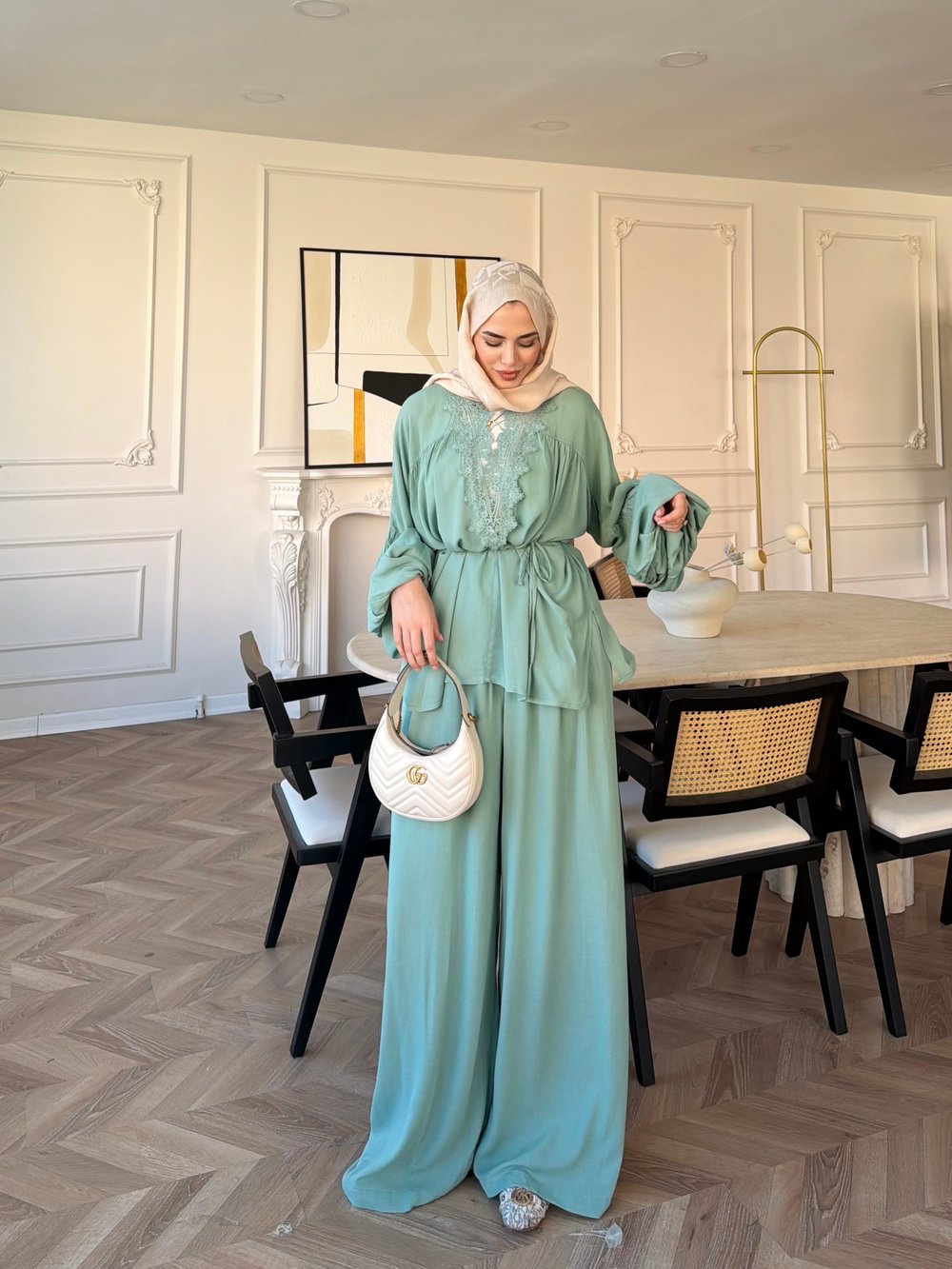 Pure Dantel Detaylı Pantolon Takım Su Yeşili (5819)