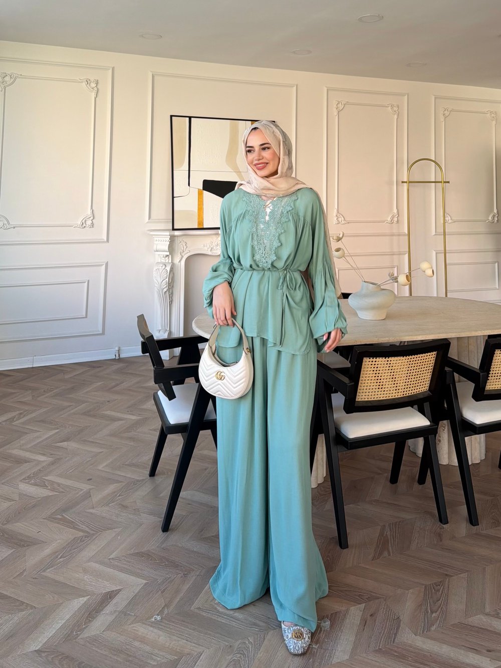 Pure Dantel Detaylı Pantolon Takım Su Yeşili (5819)