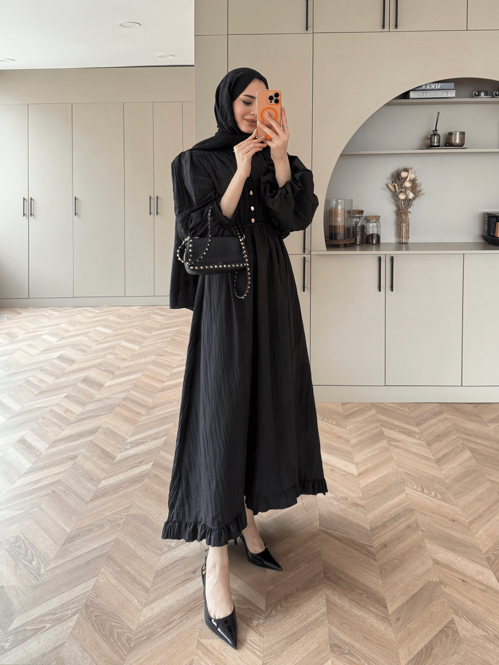 Rafael Asimetrik Fırfırlı Pilise Elbise Siyah (8250)
