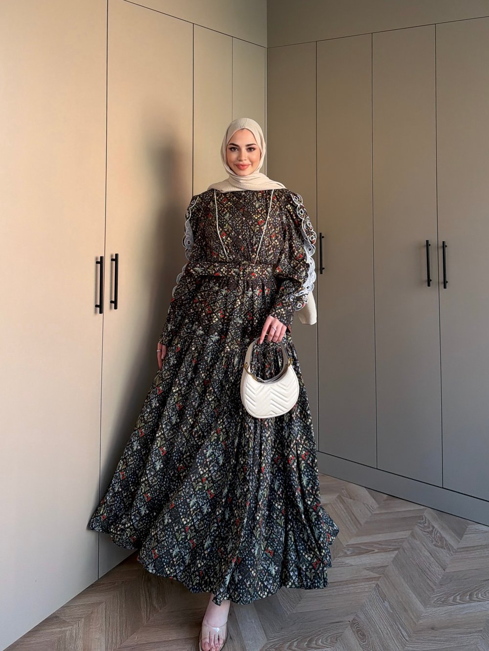 Rahel Çiçekli Elbise Siyah (5734)