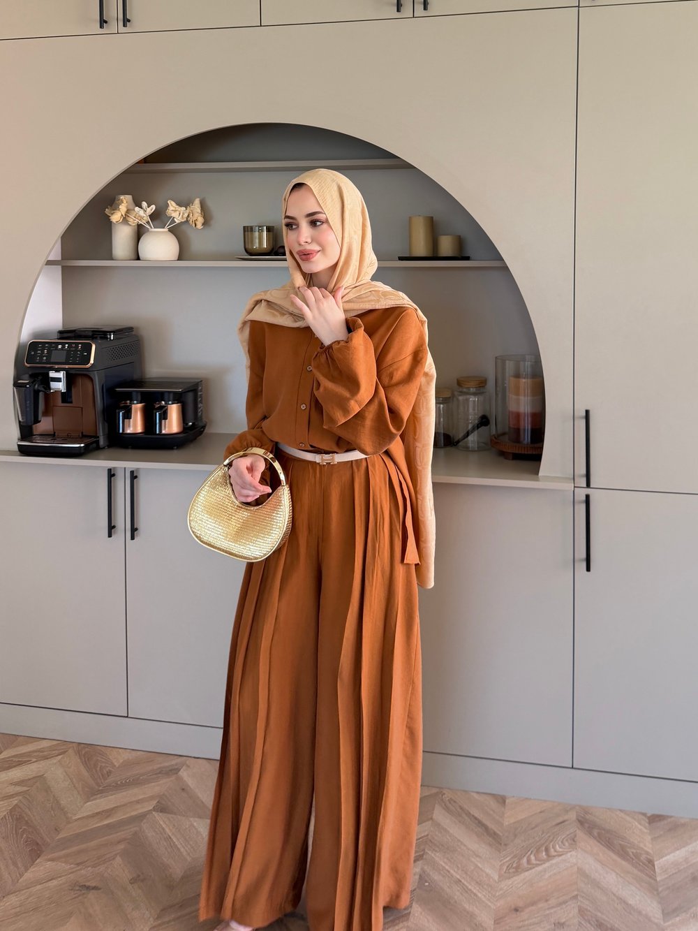 Ranua Düğme Detaylı Pantolonlu Takım Camel (5815)