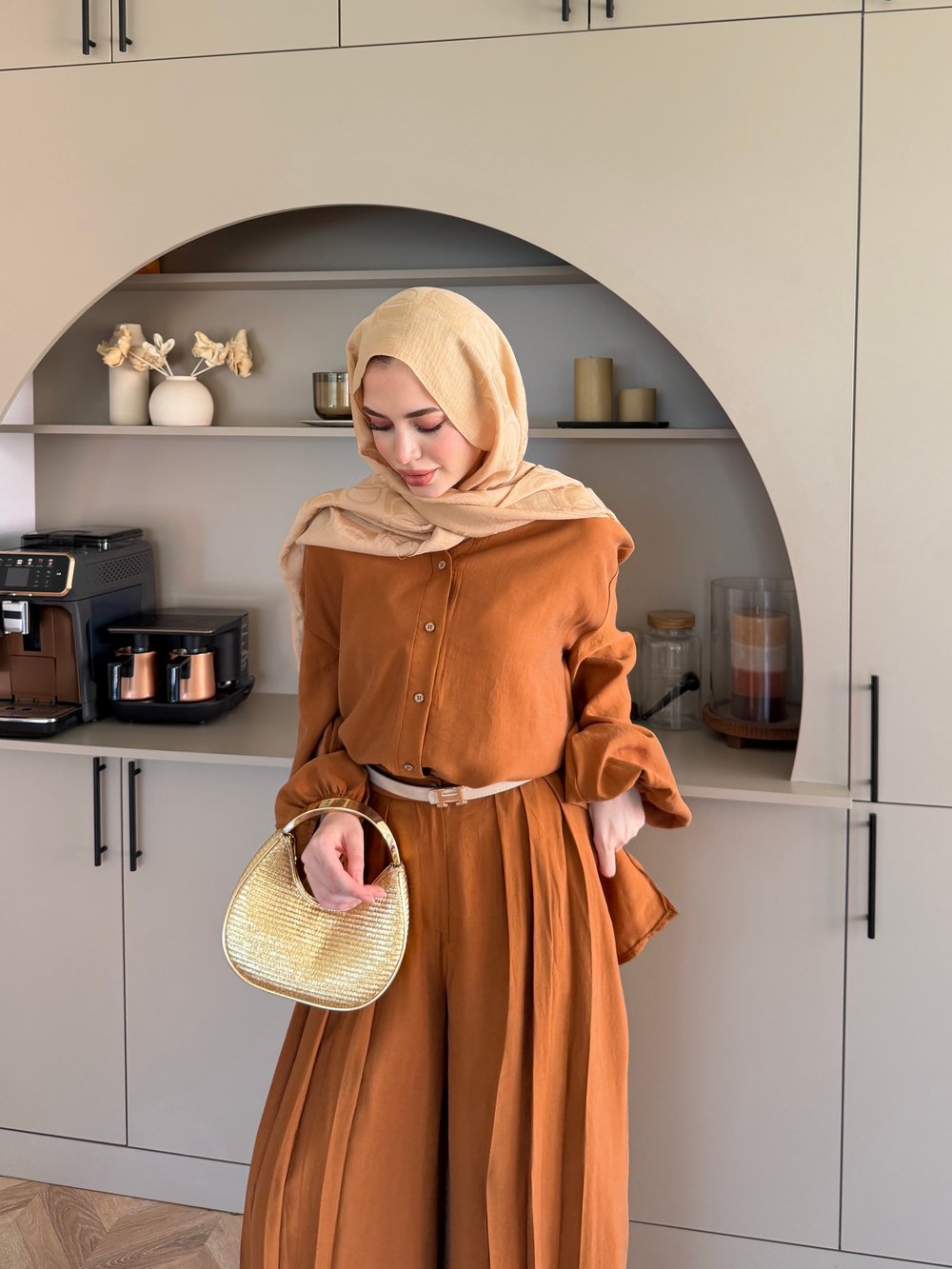 Ranua Düğme Detaylı Pantolonlu Takım Camel (5815)