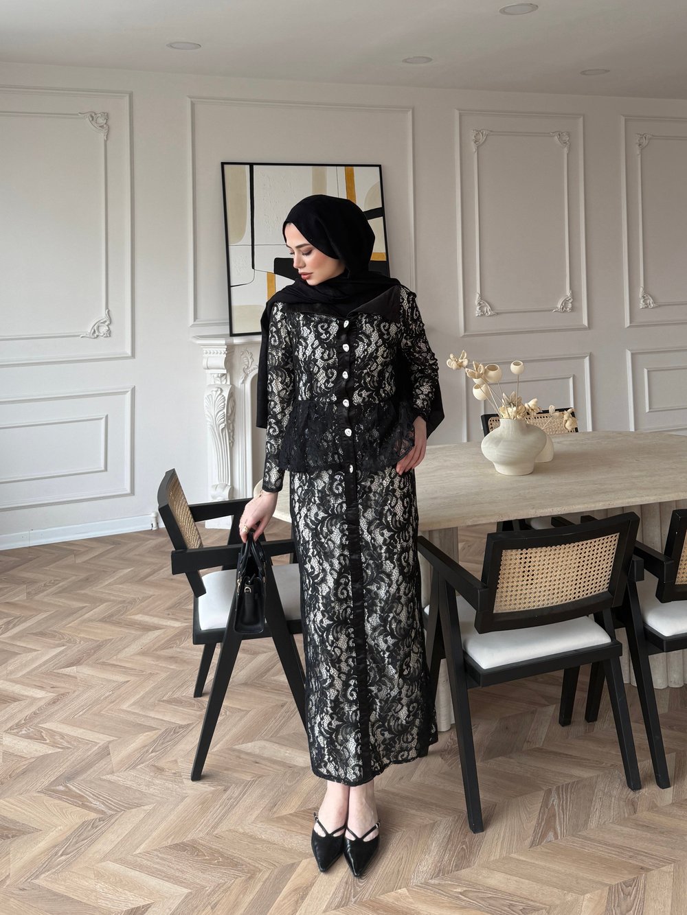 Retro Dantelli Elbise Siyah (5766)