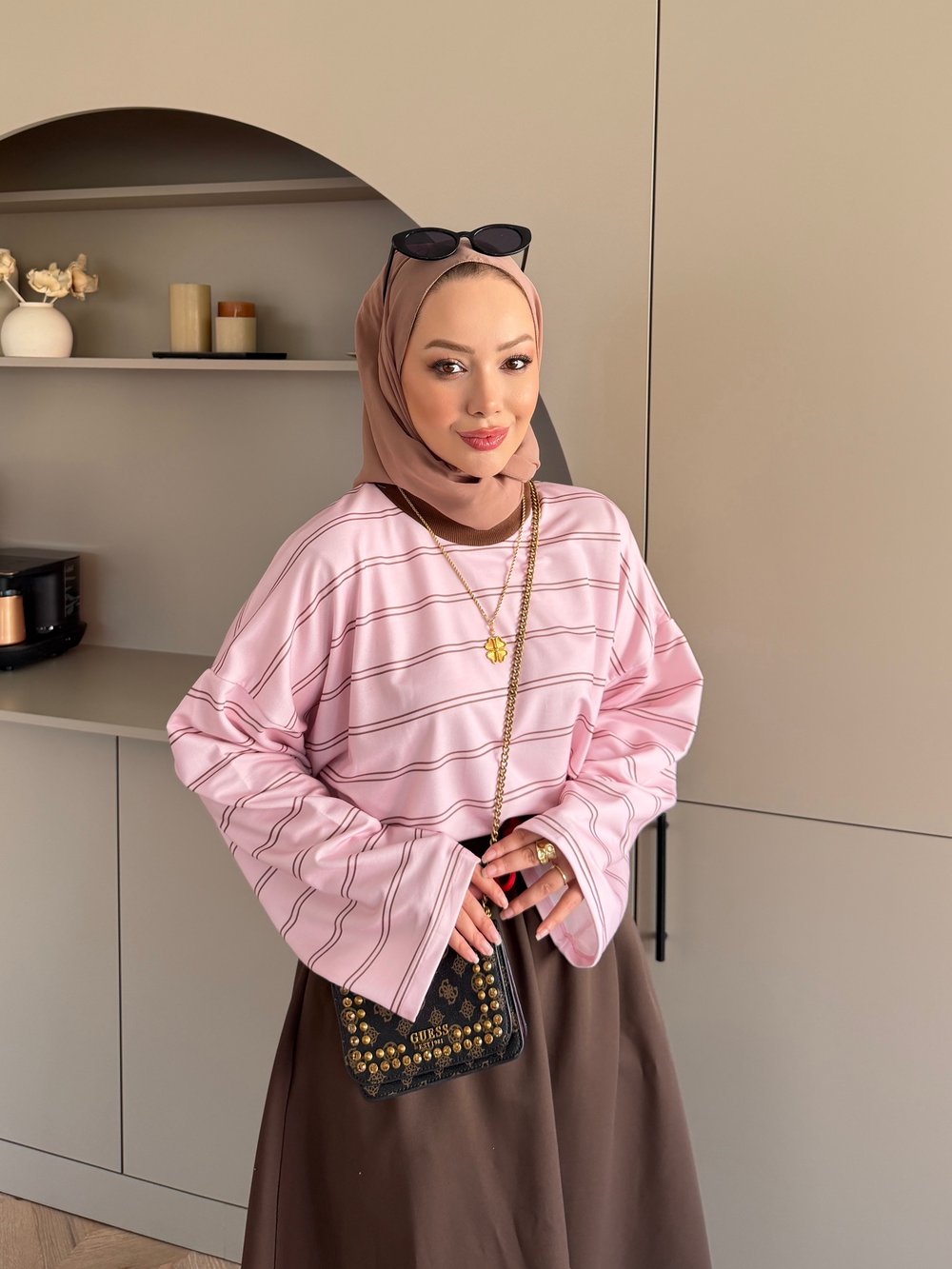 Ribana Yaka Yatay Çizgili Sweat Pembe (7020)