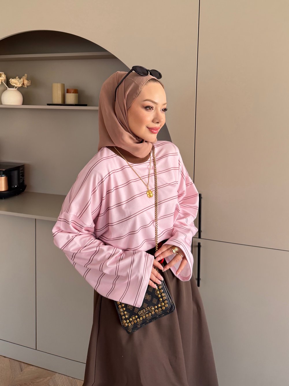 Ribana Yaka Yatay Çizgili Sweat Pembe (7020)