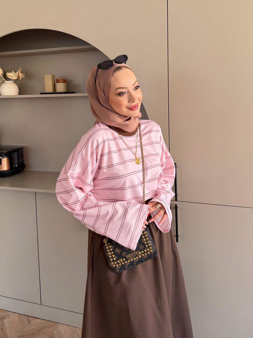 Ribana Yaka Yatay Çizgili Sweat Pembe (7020)