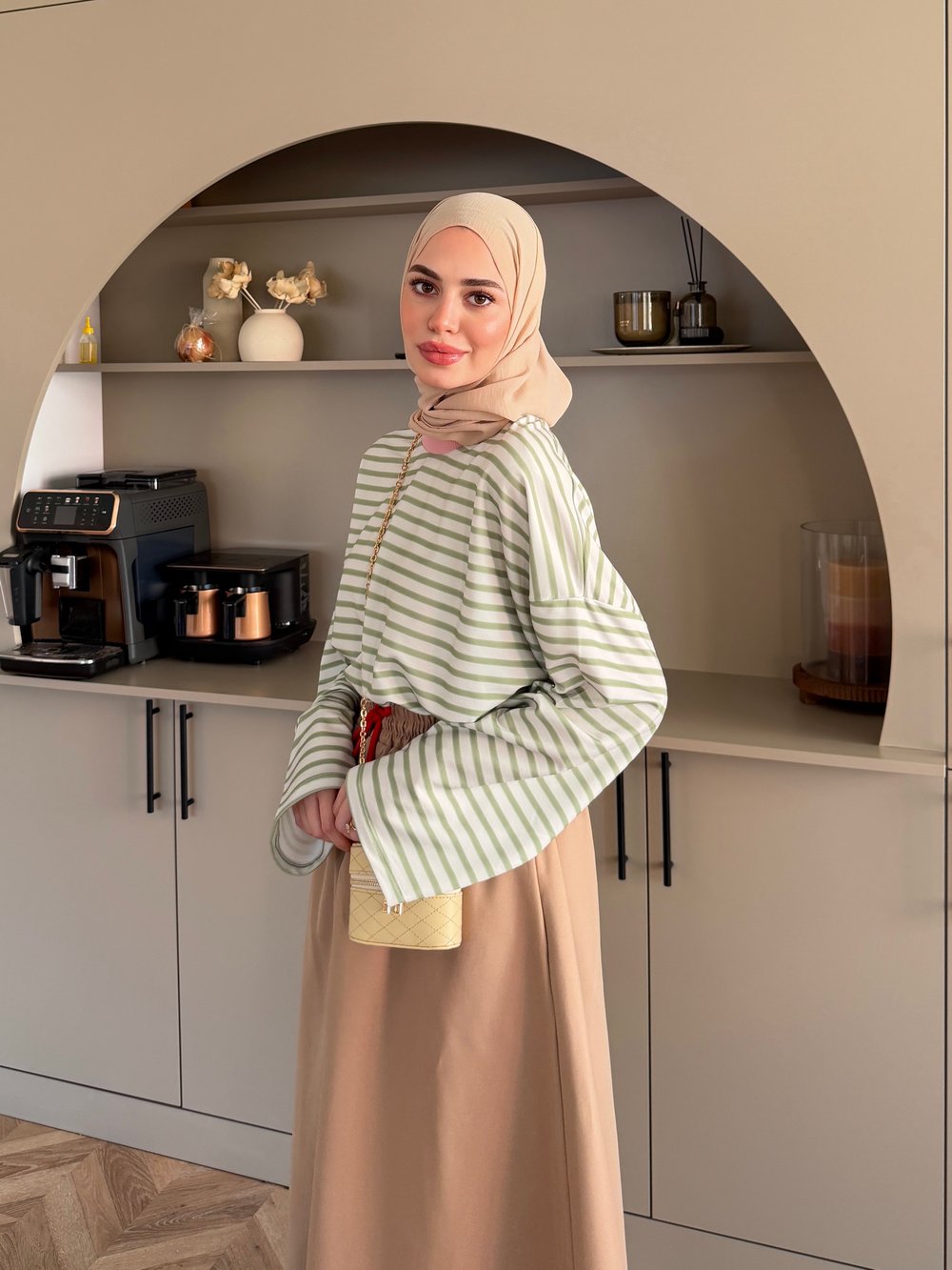 Ribana Yaka Yatay Çizgili Sweat Yeşil (7020)