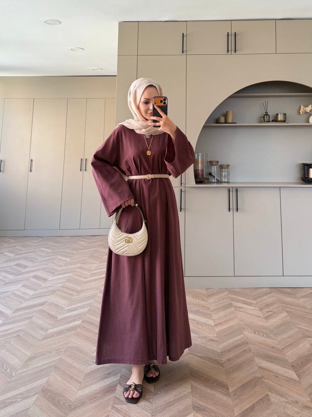(ÖNSİPARİŞ) 7 İş günü sonra kargolanacaktır Rima Keten Elbise Bordo (4527)