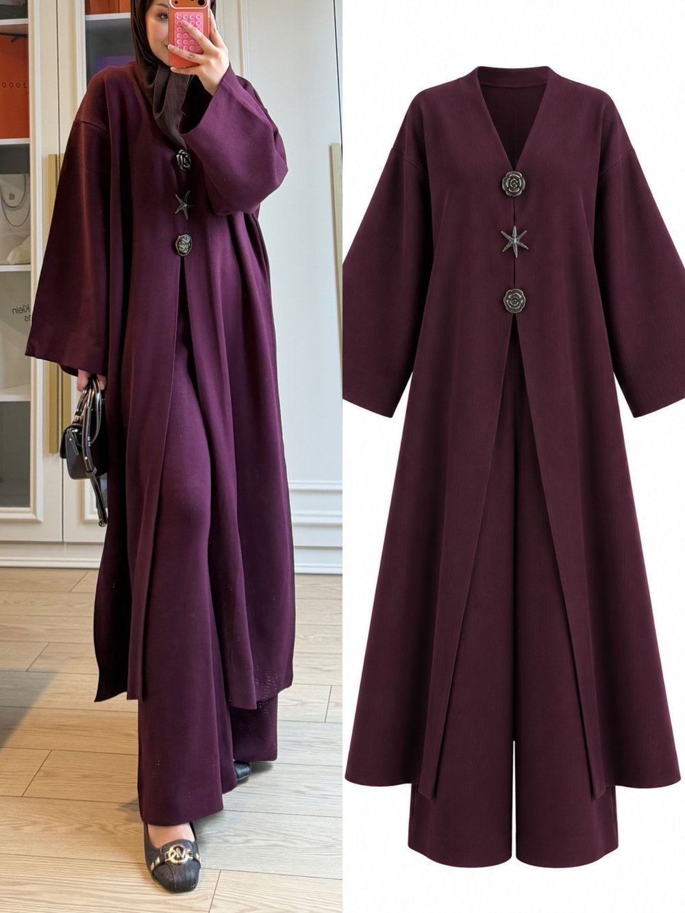 Roselle Broş Detaylı İkili Triko Takım Mürdüm 