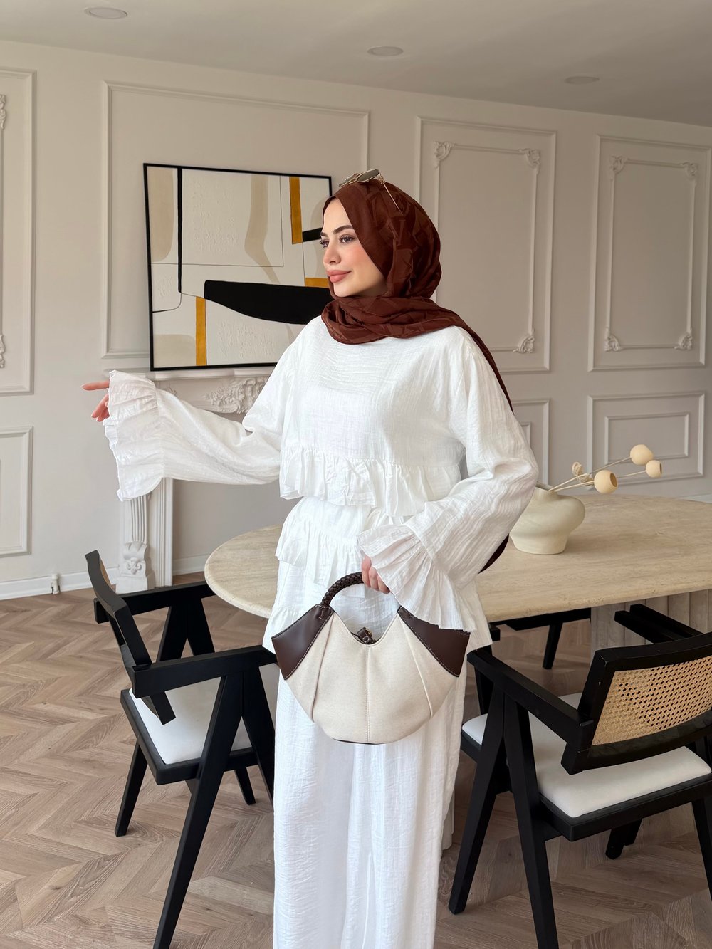 Rovika Fırfırlı Pantolonlu Takım Beyaz (4515)