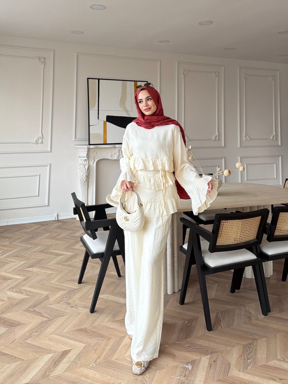 Rovika Fırfırlı Pantolonlu Takım Krem (4515)