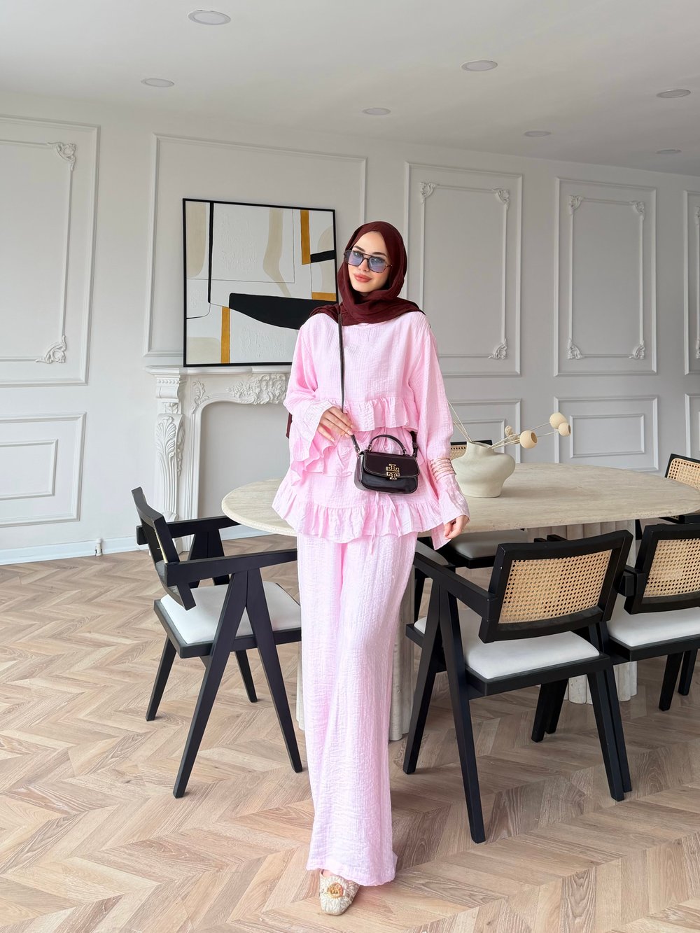 Rovika Fırfırlı Pantolonlu Takım Pembe (4515)