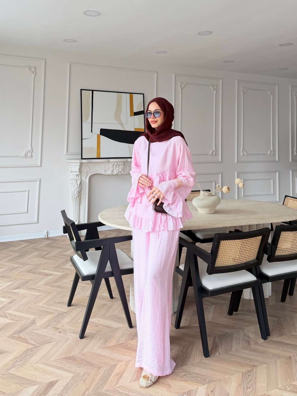 Rovika Fırfırlı Pantolonlu Takım Pembe (4515)