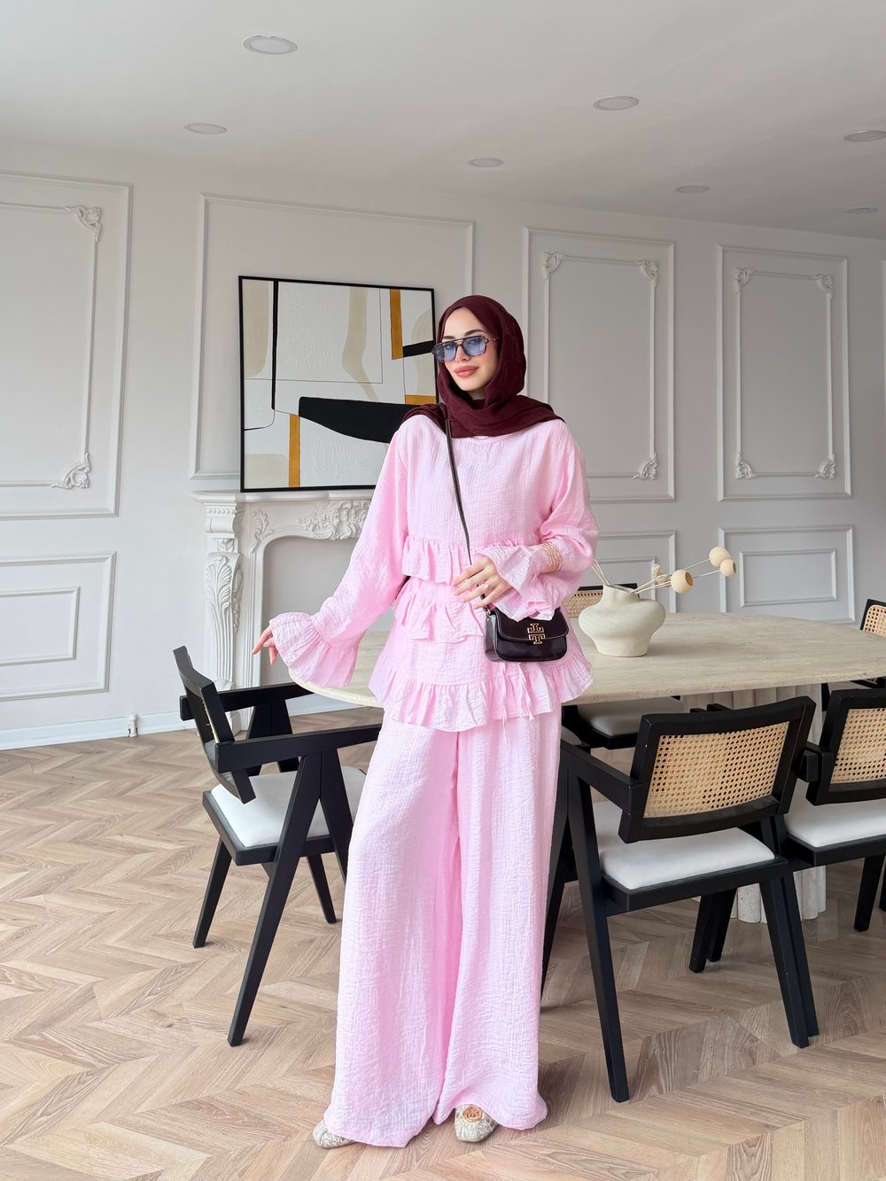 Rovika Fırfırlı Pantolonlu Takım Pembe (4515)