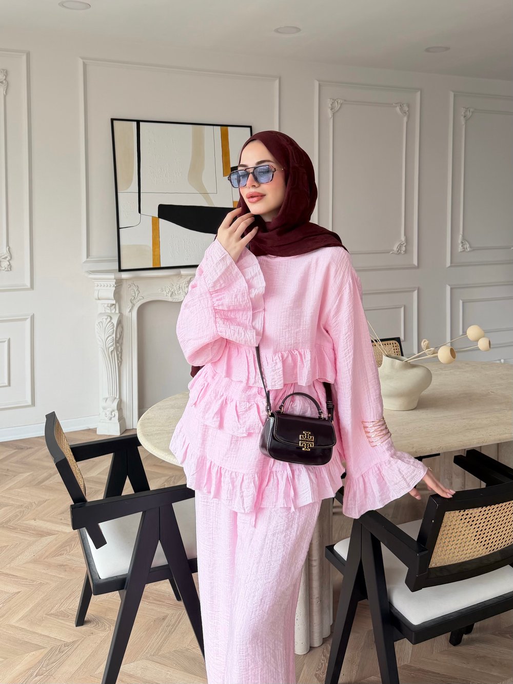 Rovika Fırfırlı Pantolonlu Takım Pembe (4515)