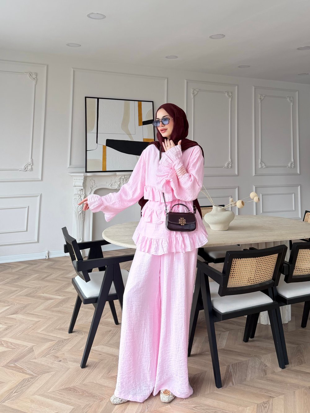 Rovika Fırfırlı Pantolonlu Takım Pembe (4515)