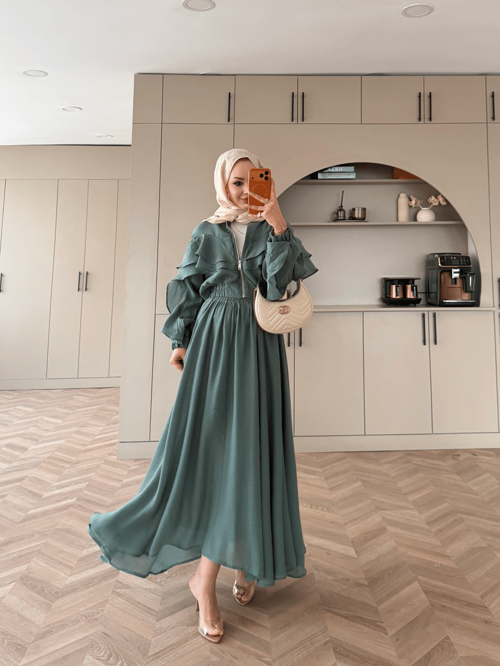 Roxanne Fırfırlı Ceketli Etekli Takım Petrol Yeşili (2021)