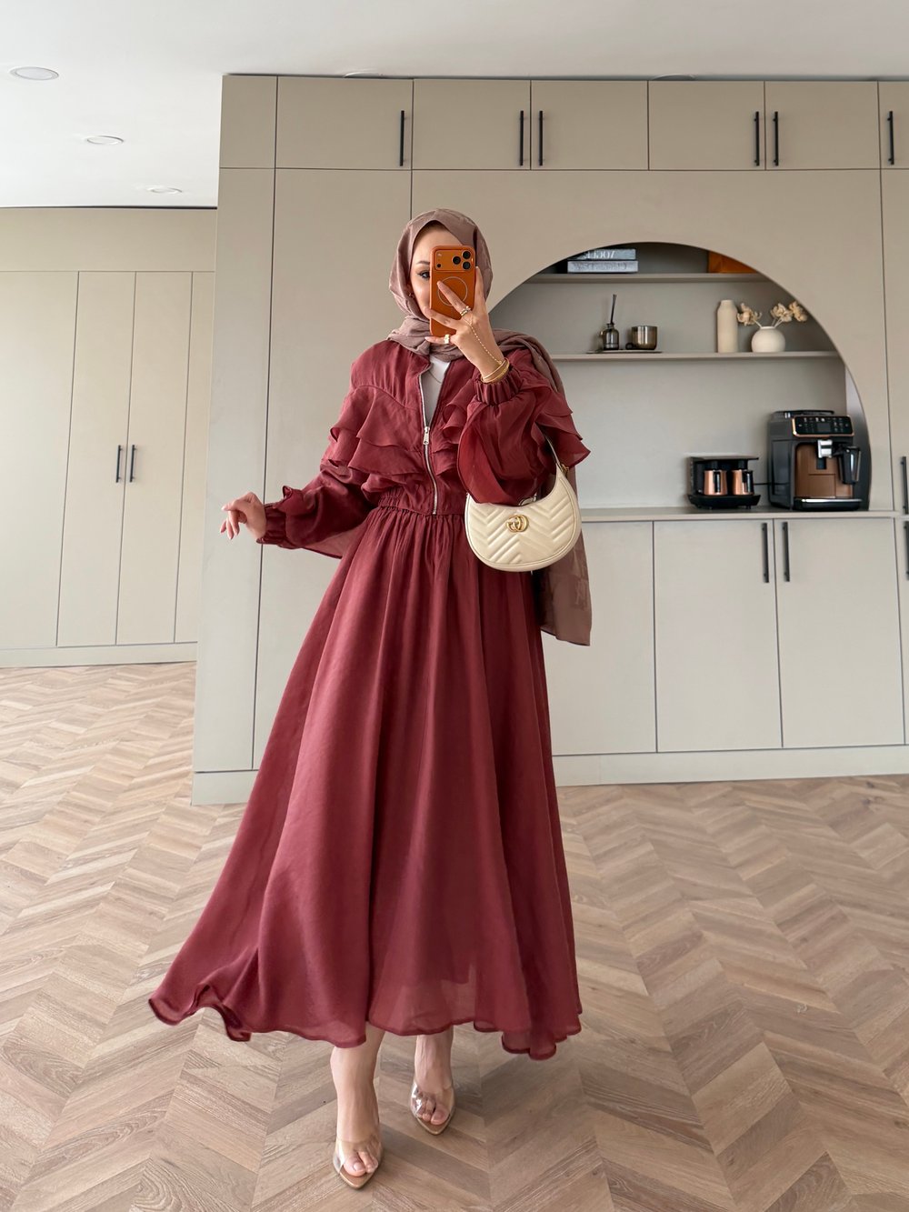 Roxanne Fırfırlı Ceketli Etekli Takım Kiremit (2021)