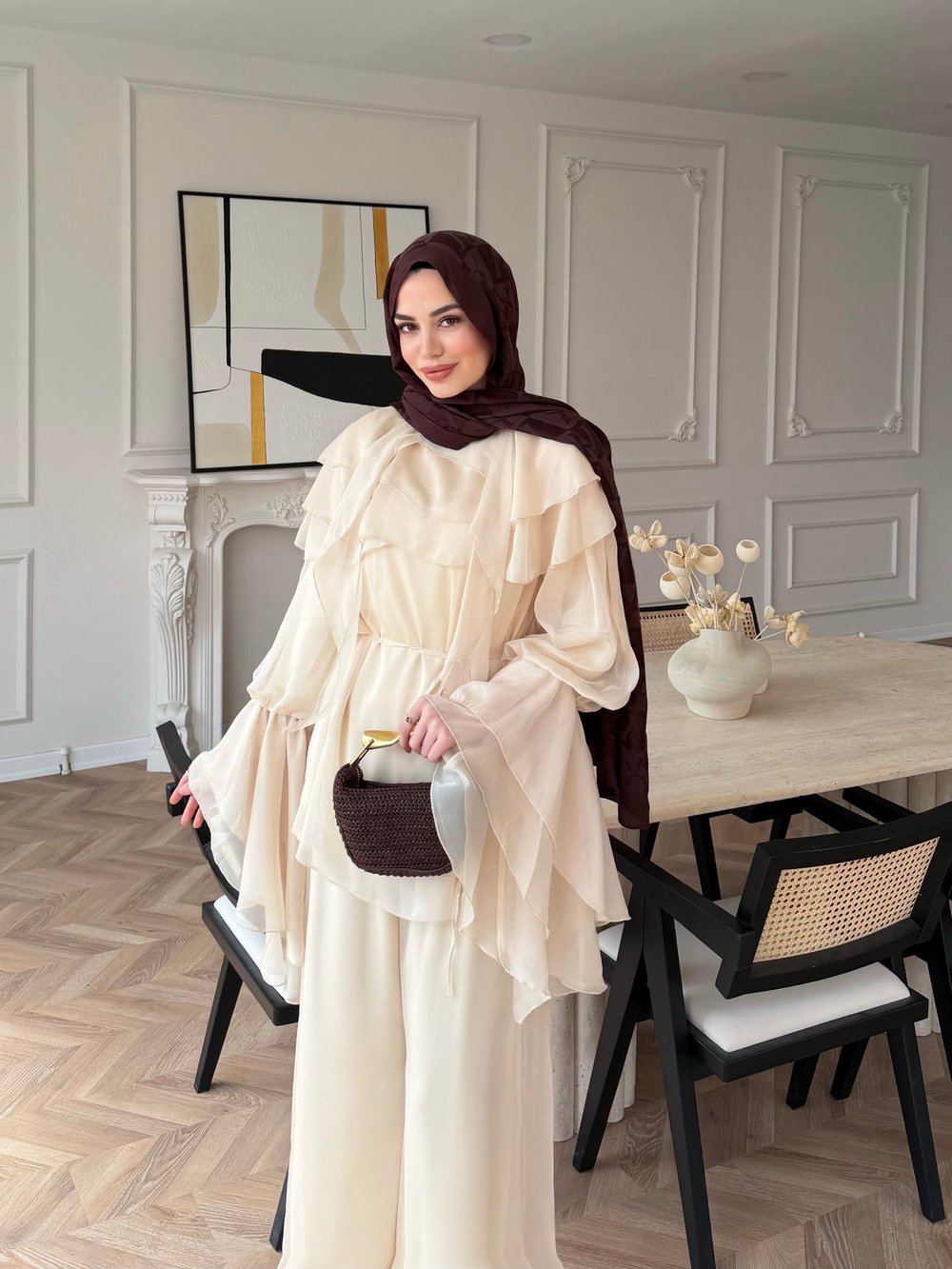 Ruffles Kat Kat Şifon Pantolon Takım Bej (26047)