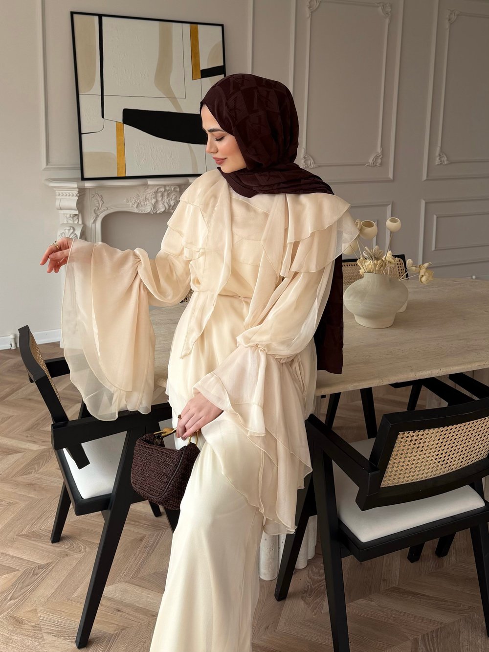 Ruffles Kat Kat Şifon Pantolon Takım Bej (26047)