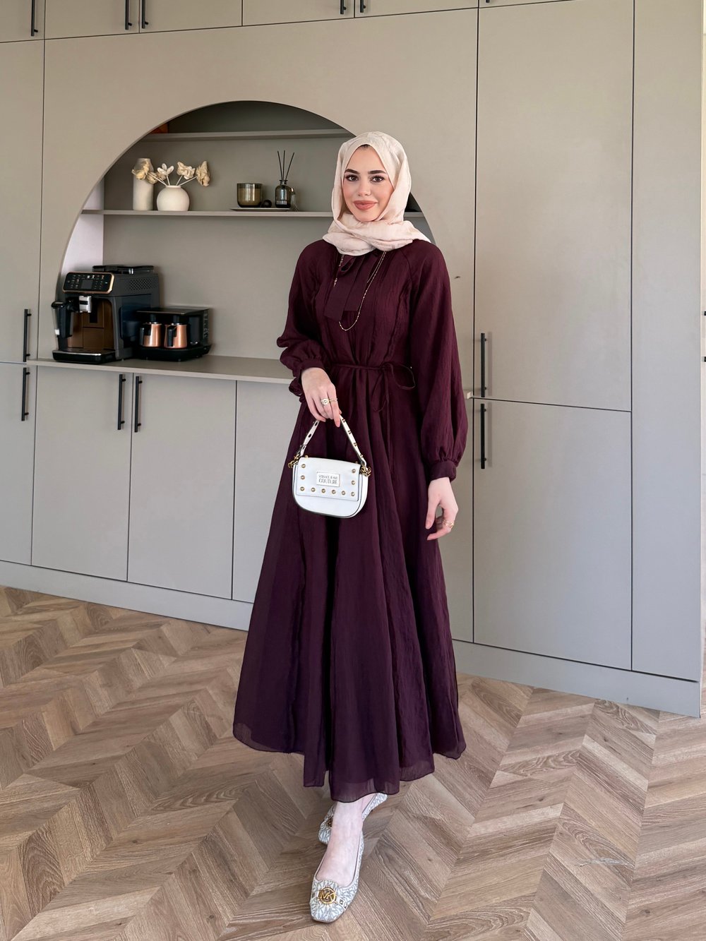 Safir Bağlama Detaylı Elbise Mürdüm (4472)