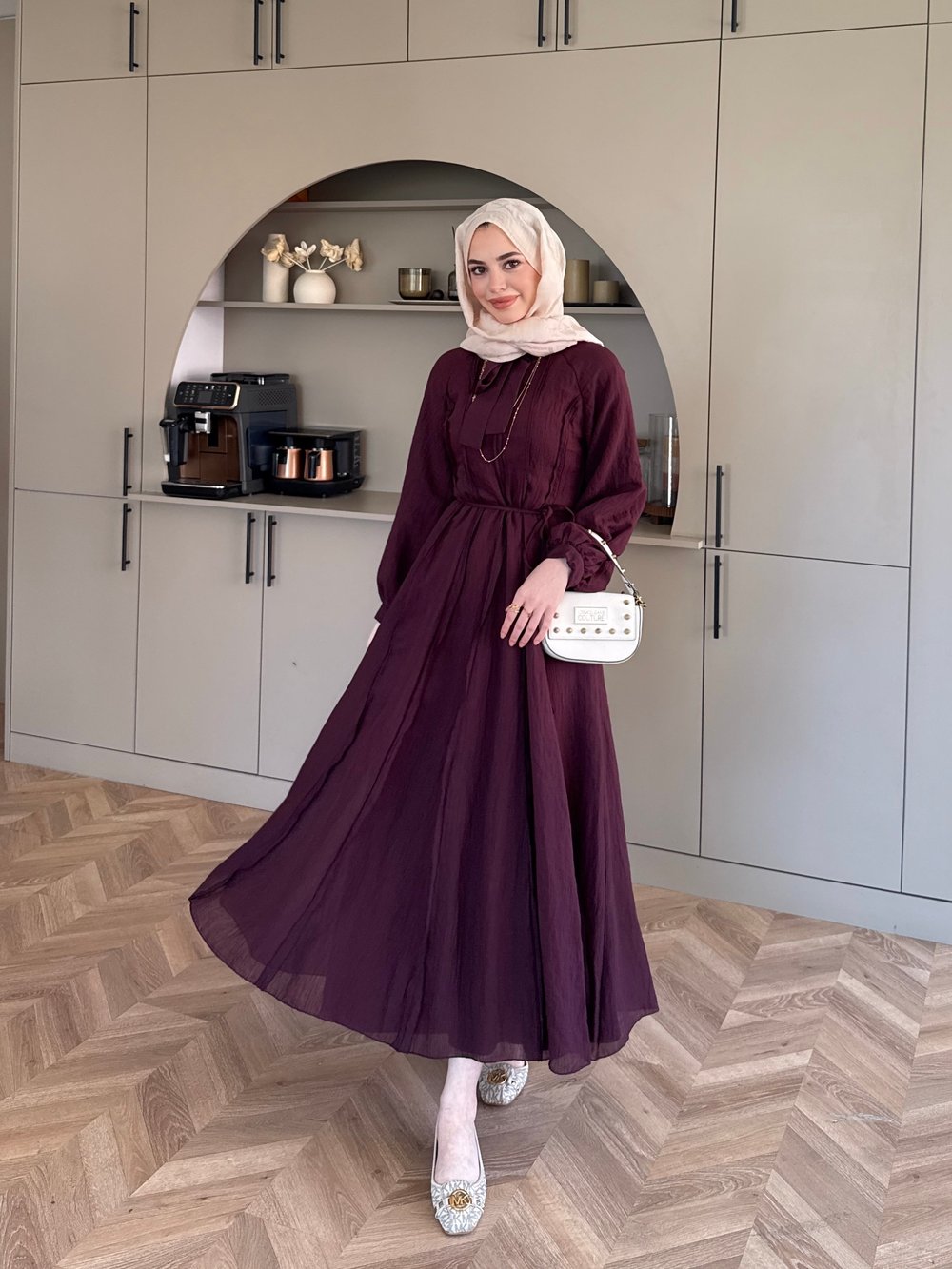Safir Bağlama Detaylı Elbise Mürdüm (4472)