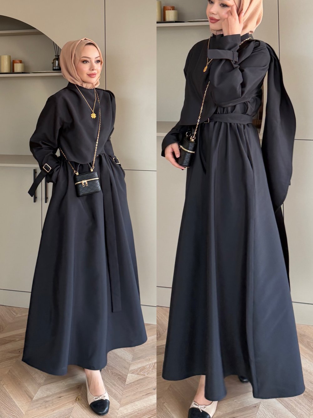 Şal Detaylı Trenç Elbise Siyah (8865)