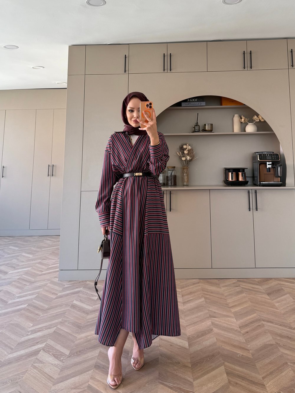Sarah Çizgili Poplin Elbise Bordo-Lacivert (8022)