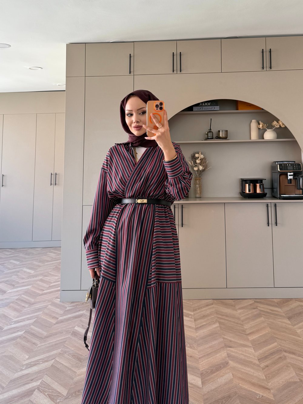 Sarah Çizgili Poplin Elbise Bordo-Lacivert (8022)