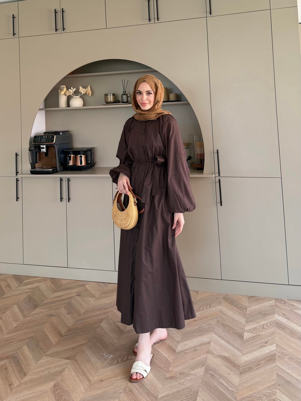 Selin Düğme Detaylı Elbise Acı Kahve (2277)