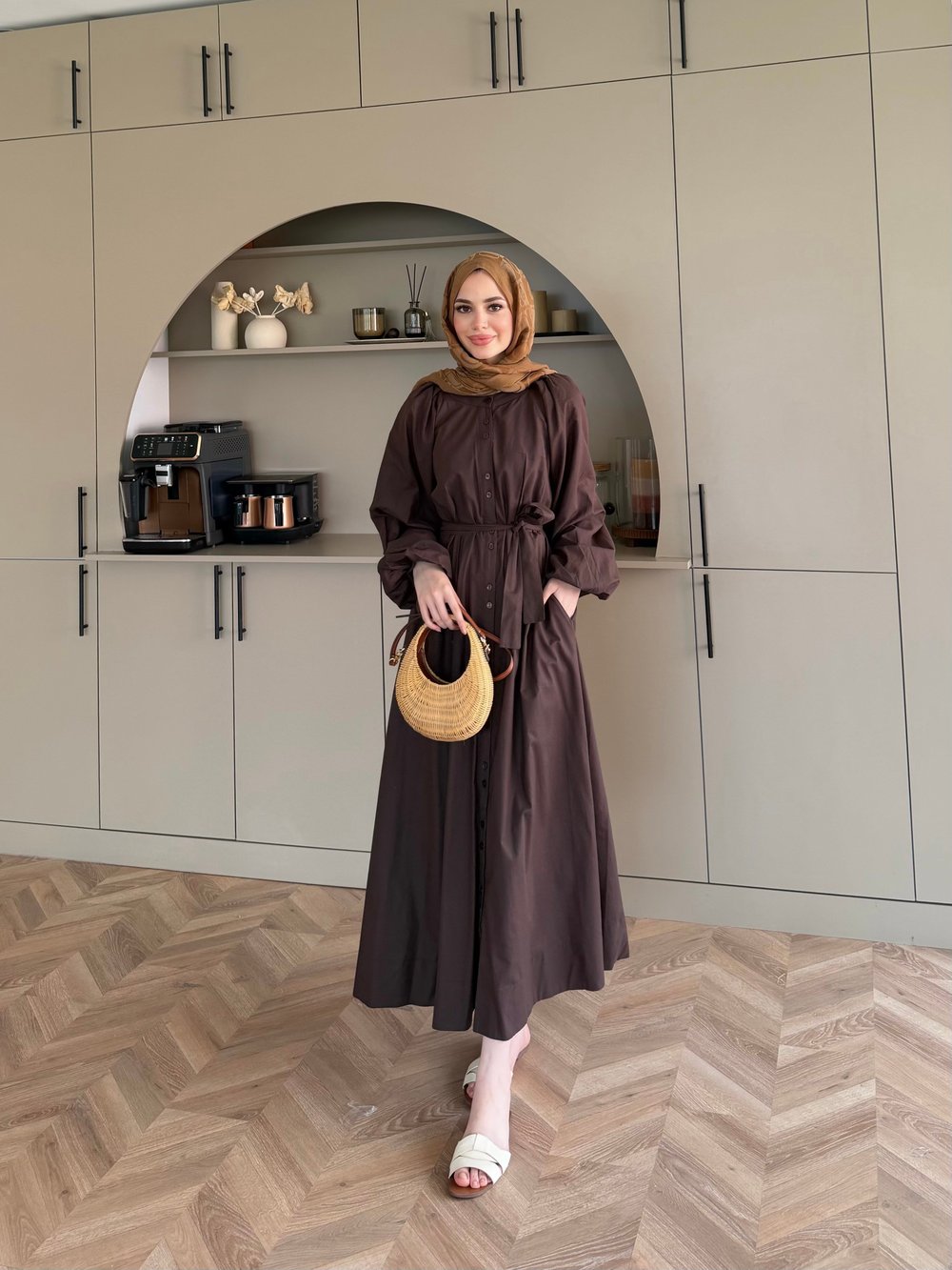 Selin Düğme Detaylı Elbise Acı Kahve (2277)