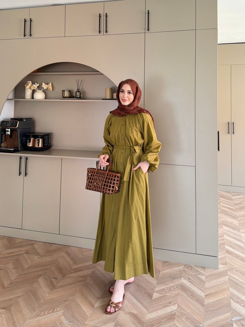 Selin Düğme Detaylı Elbise Yağ Yeşili (2277)