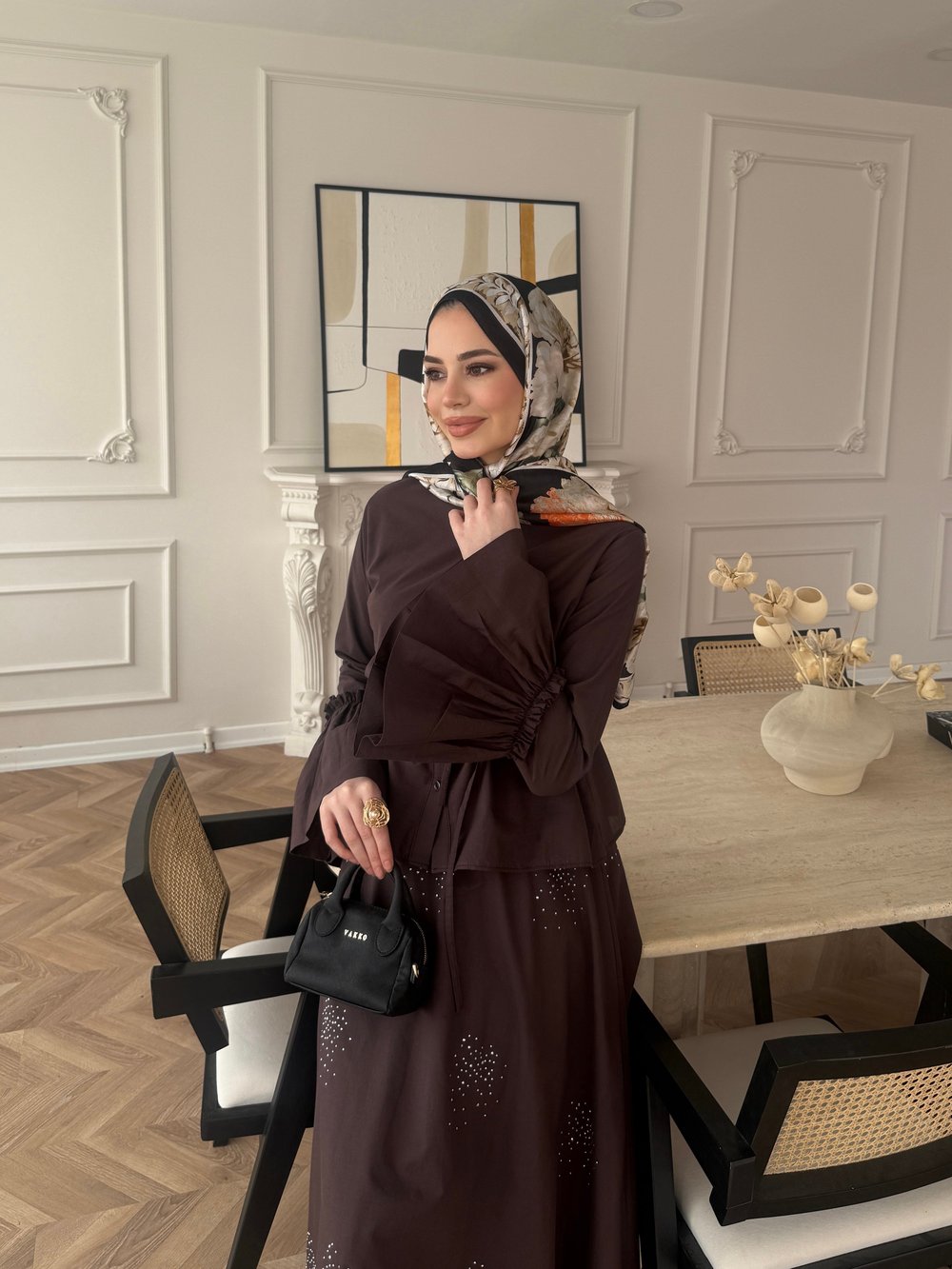 Seul Taş Detaylı Etekli Takım Acı Kahve (8337)
