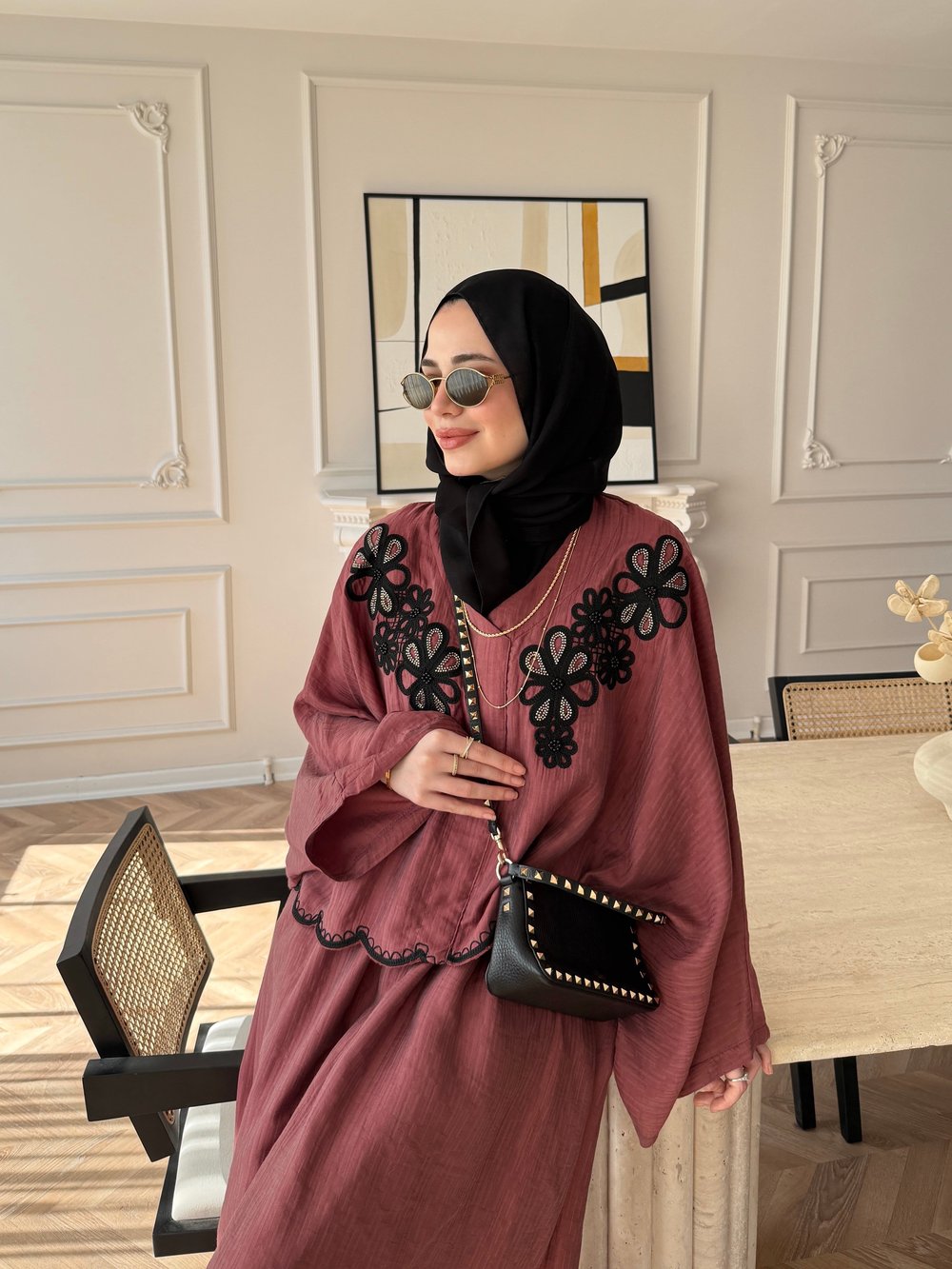 Seville Çiçek Baskılı Etekli Takım Bordo (5737)