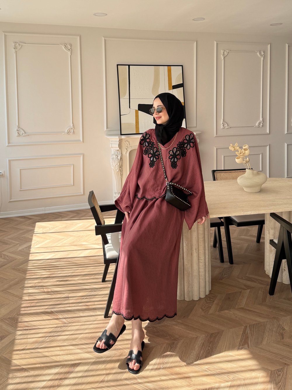 Seville Çiçek Baskılı Etekli Takım Bordo (5737)