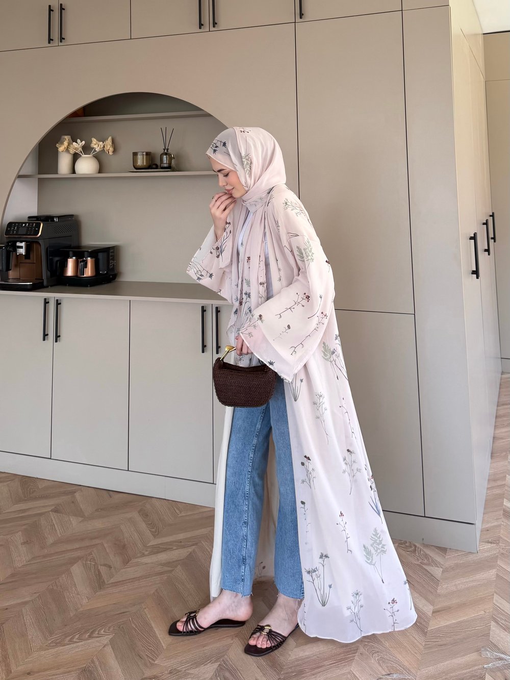 Sharm Şallı Kimono/Abaya Bej (708)