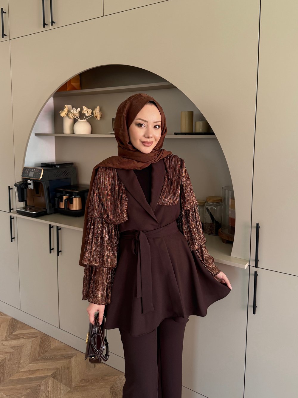 Sienna Fırfırlı Pantolonlu Takım Kahverengi (5786)