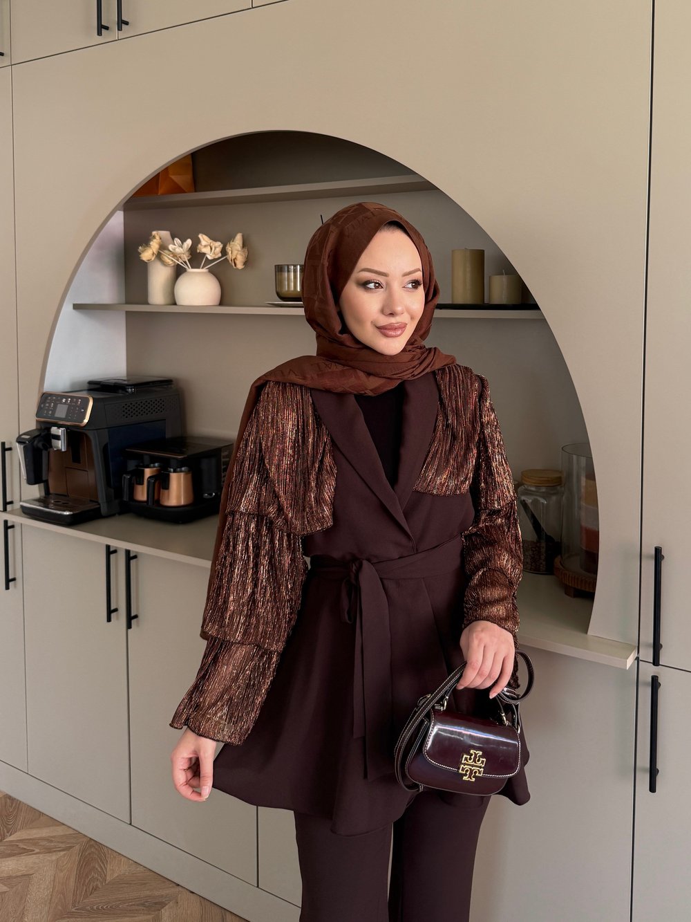 Sienna Fırfırlı Pantolonlu Takım Kahverengi (5786)