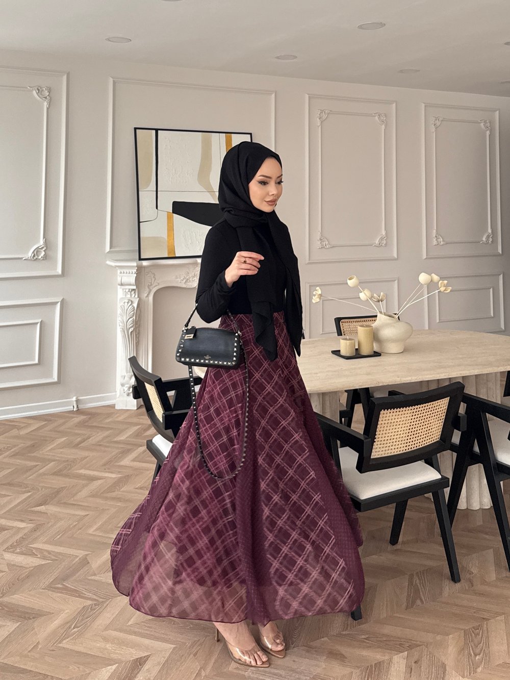 Sola Ekose Desen Parçalı Etek Bordo (03)