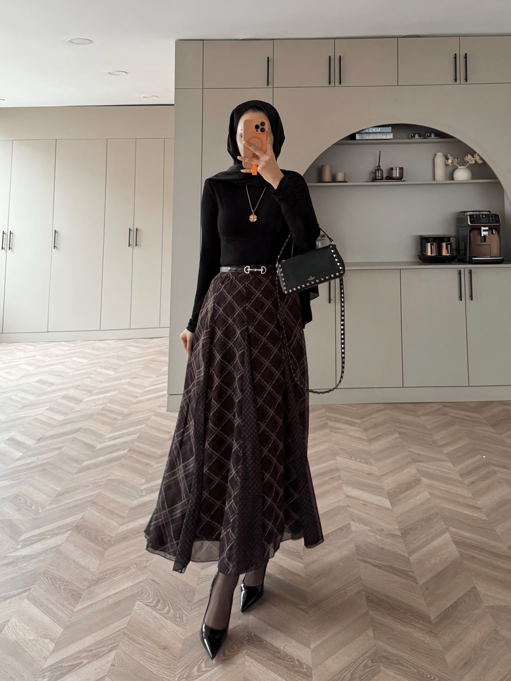 Sola Ekose Desen Parçalı Etek Kahve (03)