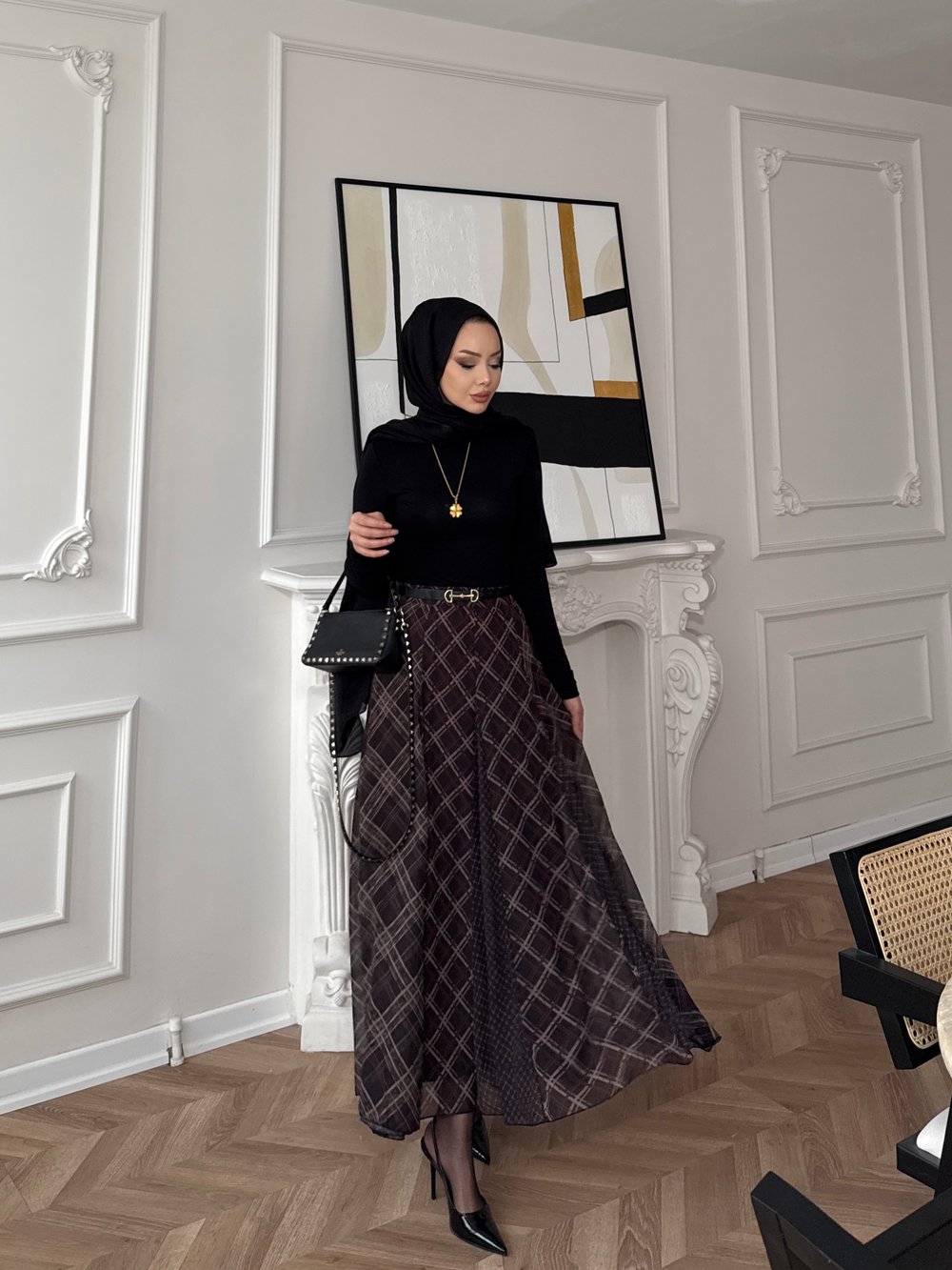 Sola Ekose Desen Parçalı Etek Kahve (03)