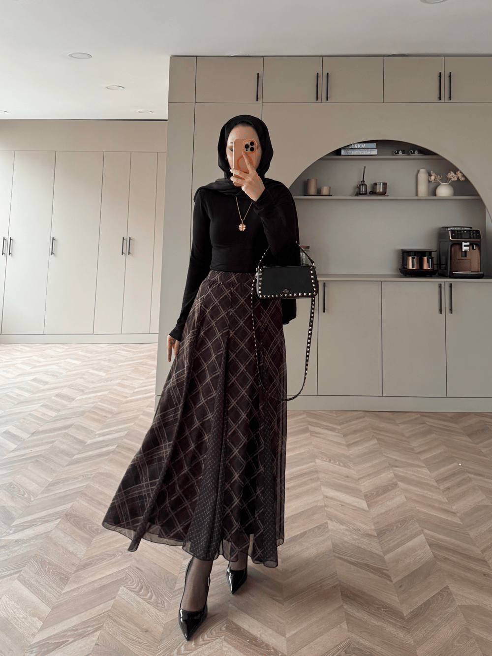 Sola Ekose Desen Parçalı Etek Kahve (03)