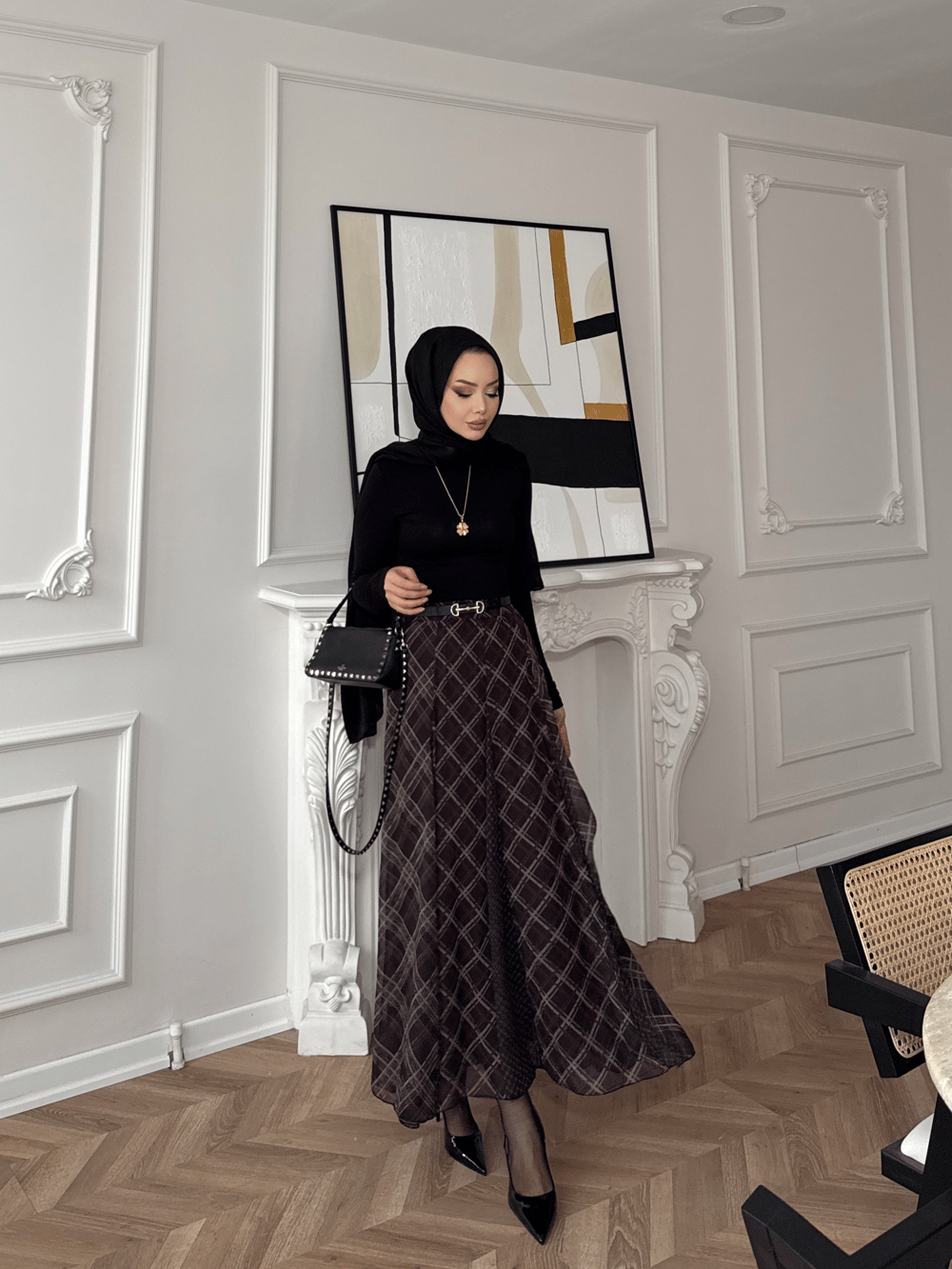 Sola Ekose Desen Parçalı Etek Kahve (03)