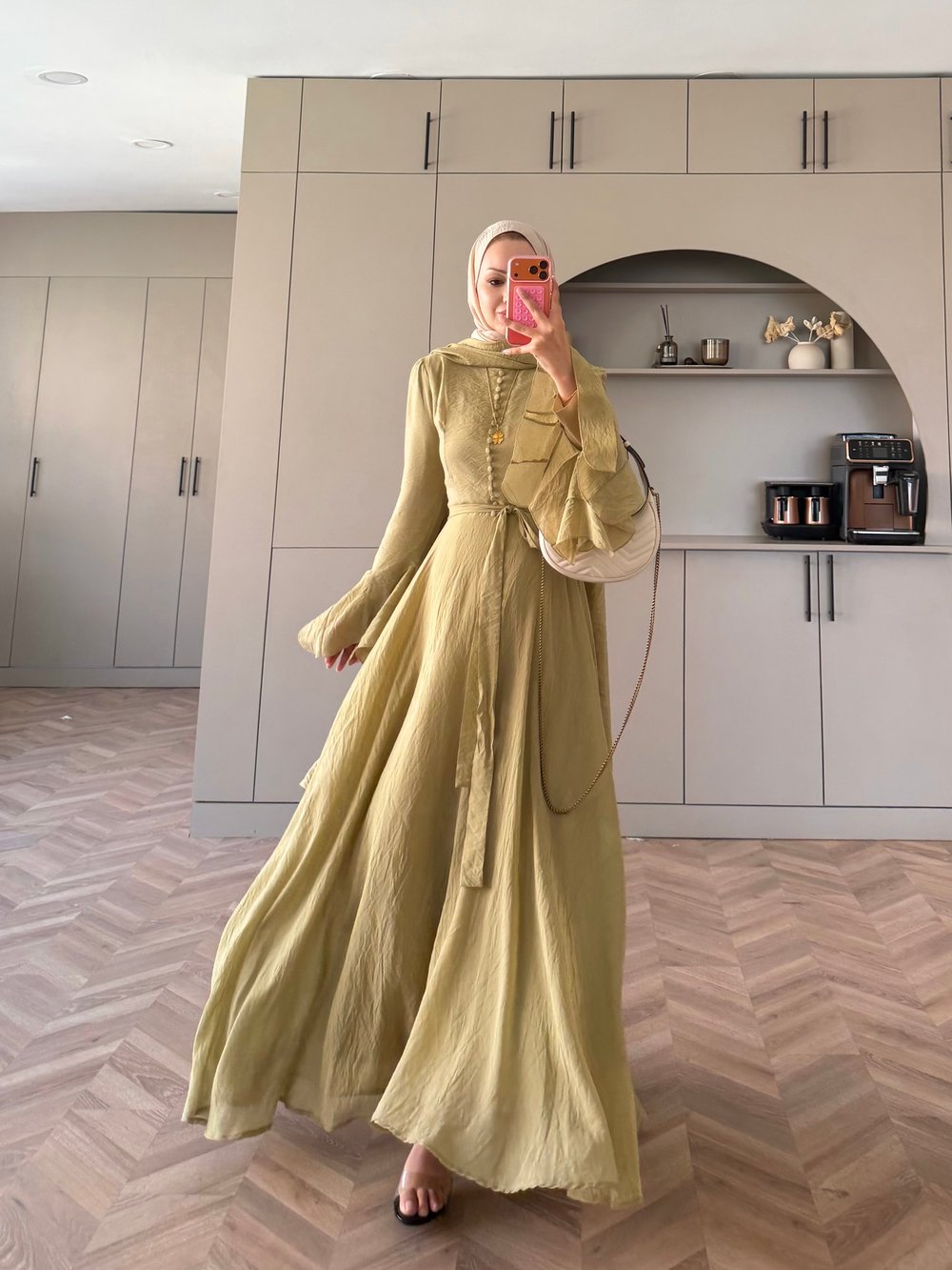 Stone Şallı Elbise Yağ Yeşili (26177)
