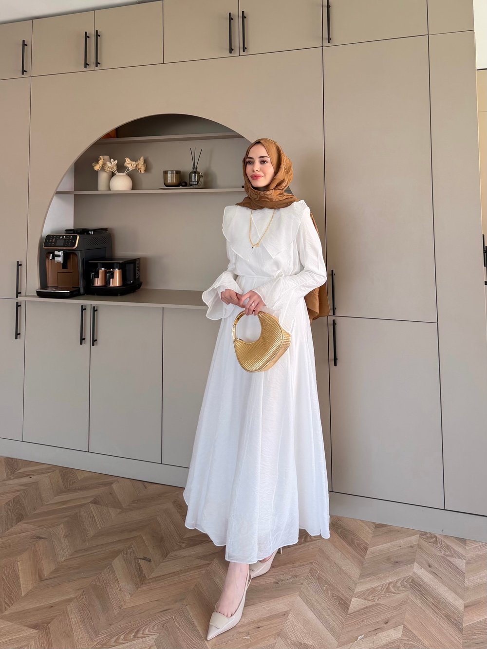 Svetlana Yaka Detaylı Elbise Beyaz (4459)