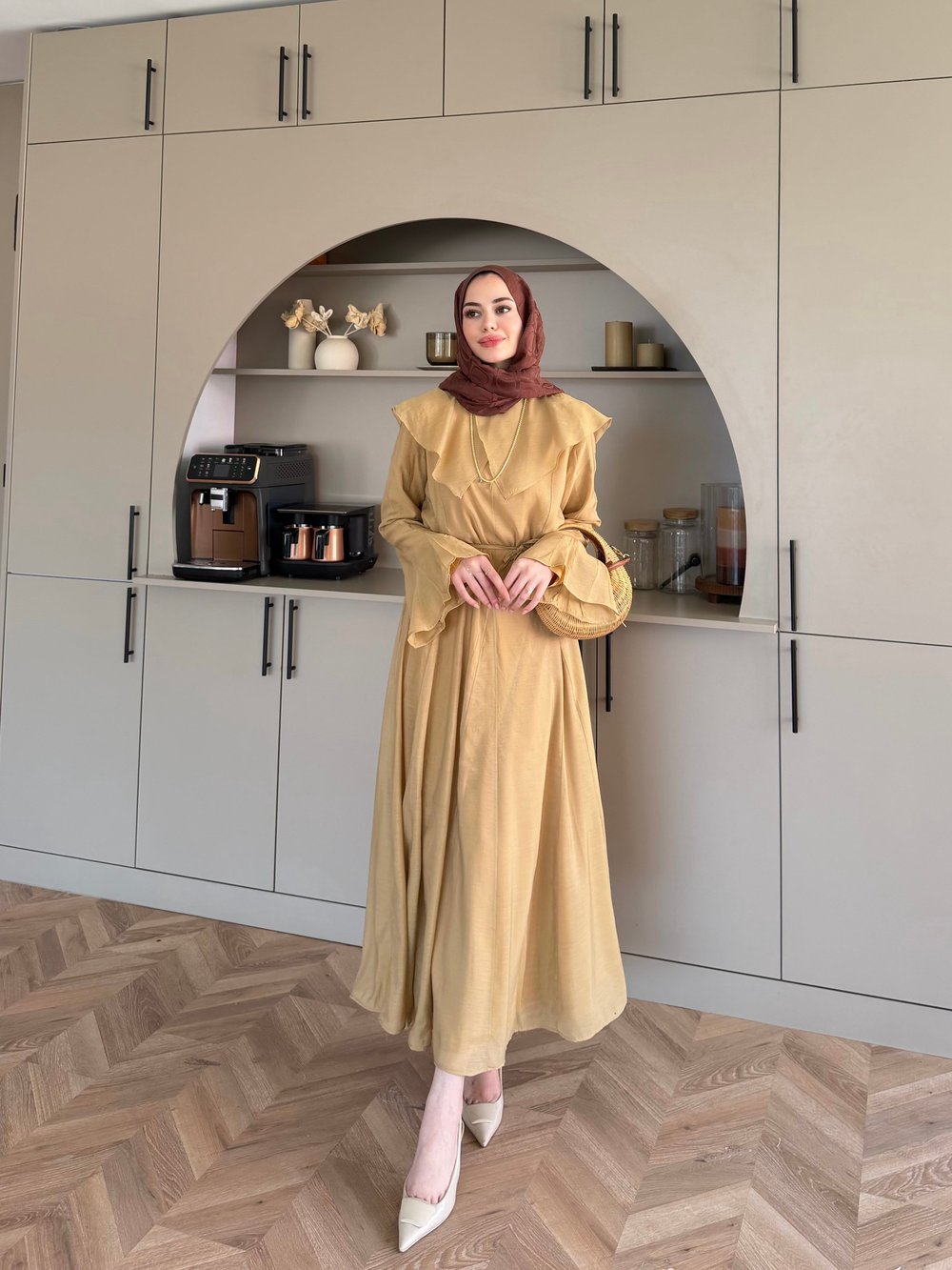 Svetlana Yaka Detaylı Elbise Camel  (4459)