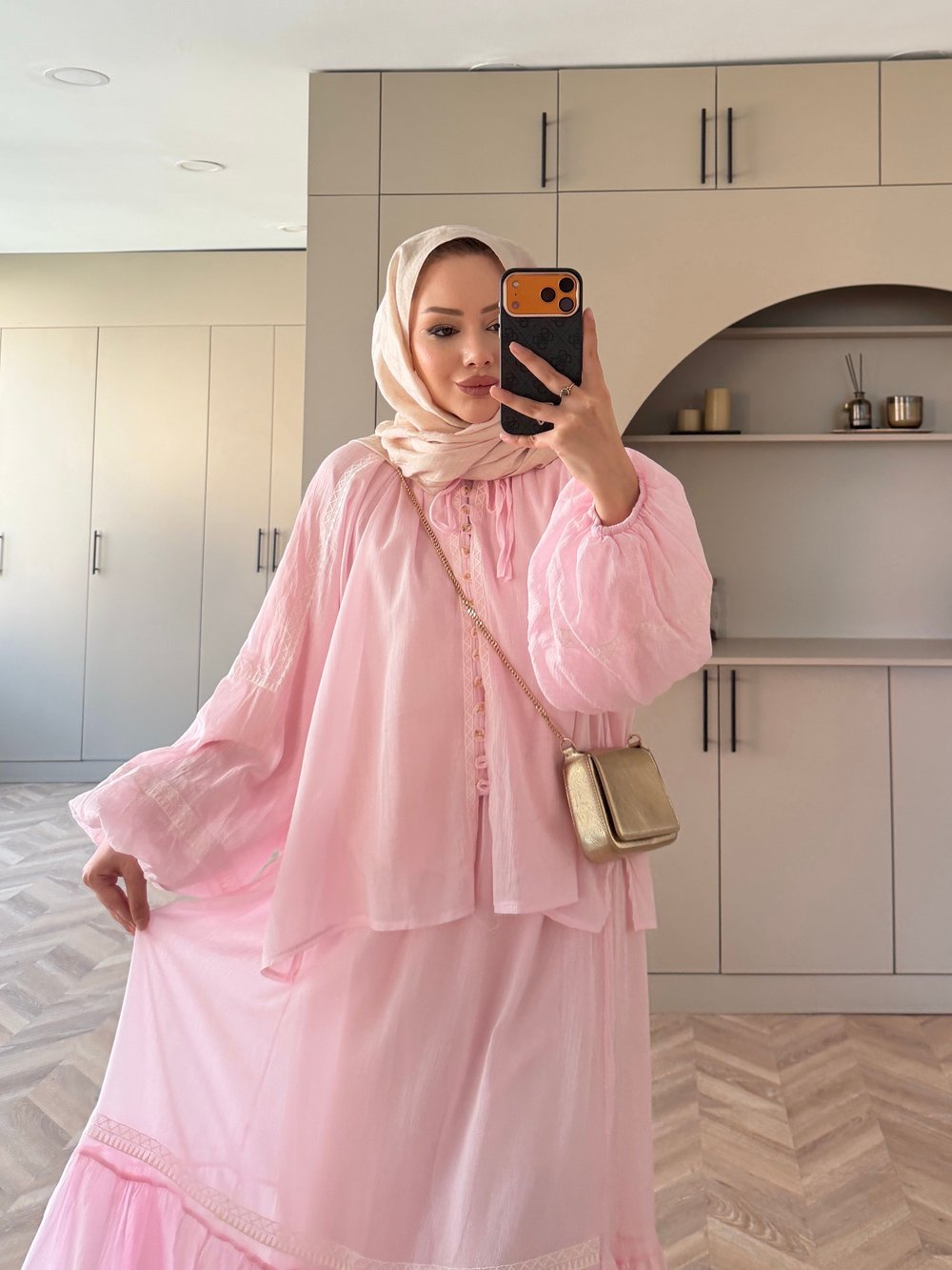 Swril Düğme Detaylı Etek Takım Pembe (5774)