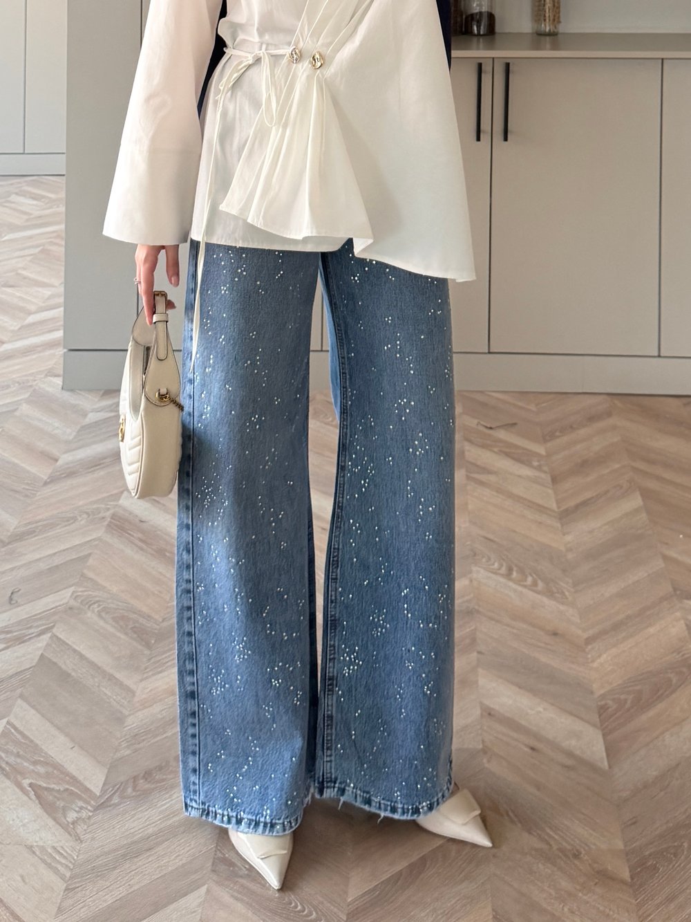 Taşlı Palazzo Kot Pantolon Mavi (1006-14)