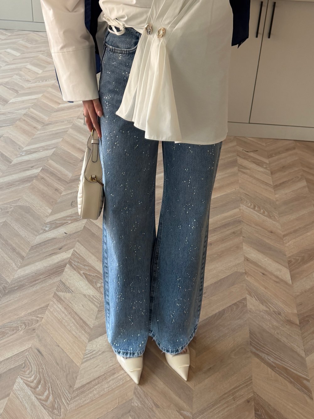 Taşlı Palazzo Kot Pantolon Mavi (1006-14)