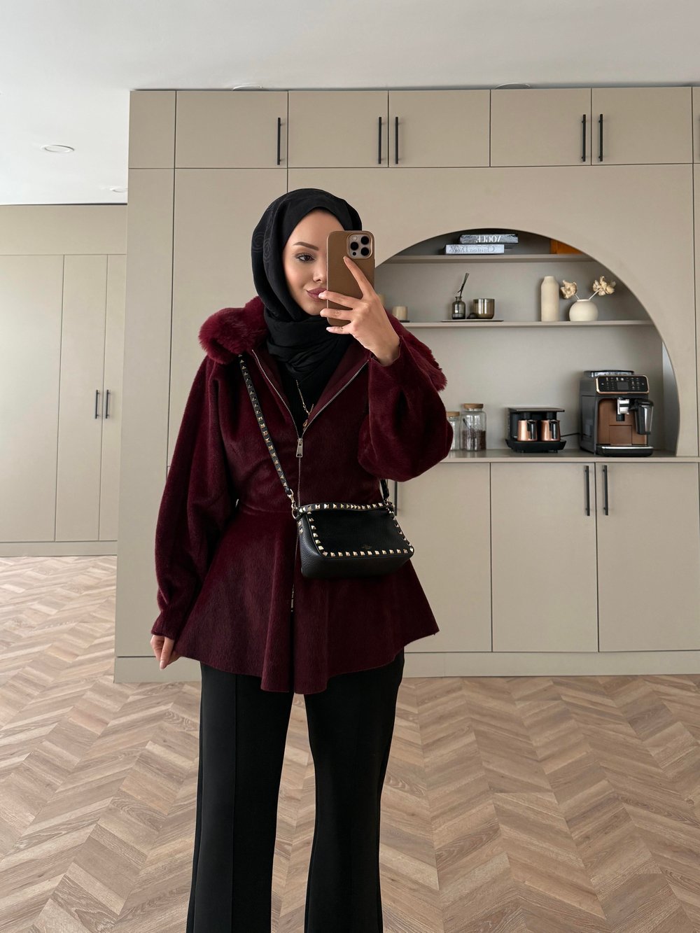 Tegan Kürk Detaylı Ceket/Kaban Bordo
